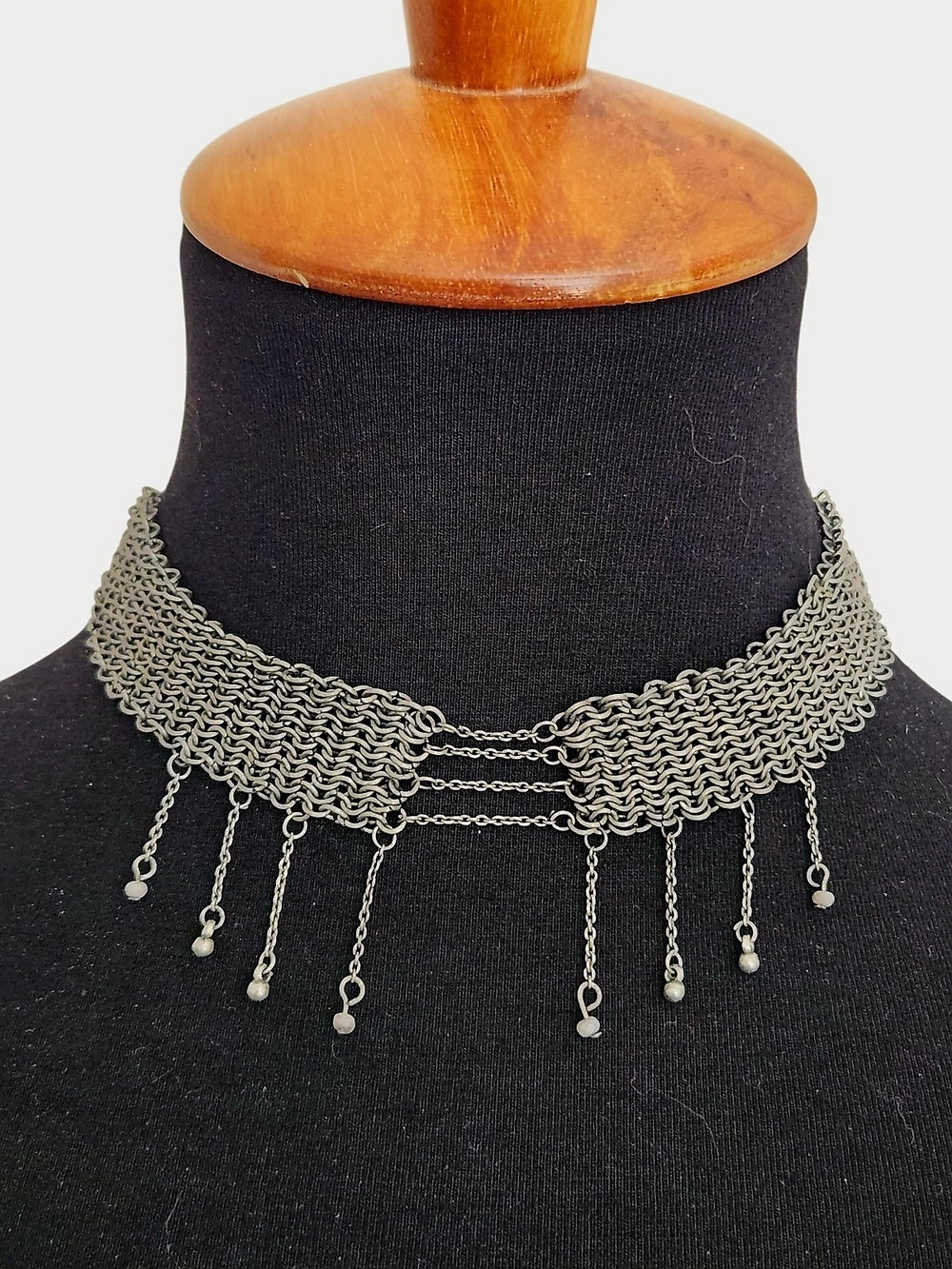 Silver Chainmail Choker Necklace with Dangling Beads Adjustable Mesh Edgy